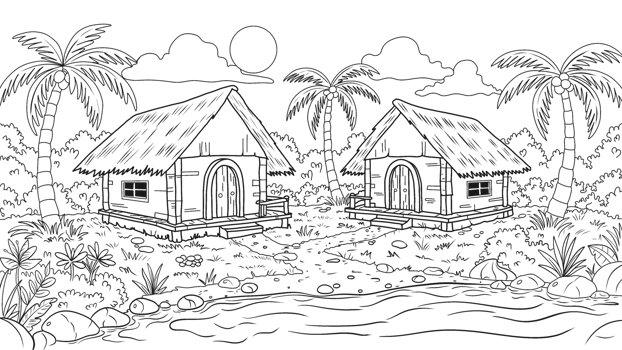 Line art illustration of tropical huts with thatched roofs, surrounded by palm trees, plants, and a river, featuring a serene sunset sky, ideal for coloring or design projects. png