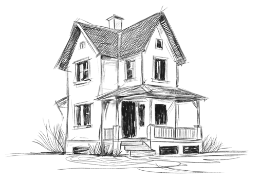 Hand-drawn sketch of a two-story house with a porch, featuring a pitched roof, chimney, and windows, perfect for architectural or home design projects. png