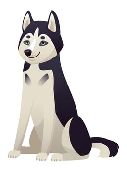 Cartoon husky dog with striking blue eyes and a beautiful black and white fur coat, sitting attentively and gazing forward against a clean white background vector