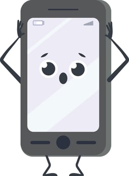 Anthropomorphic smartphone with big surprised eyes and open mouth is holding its head with hands, expressing panic and shock, isolated on white background vector