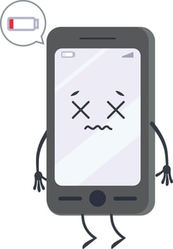 Anthropomorphic smartphone with arms and legs displaying an empty battery notification, featuring dead eyes and a worried expression, conveying frustration and concern over low power vector