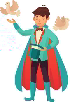 Young illusionist wearing a turquoise suit with red cape and bow tie, holding a top hat and making doves appear from his hands, performing a magic show vector
