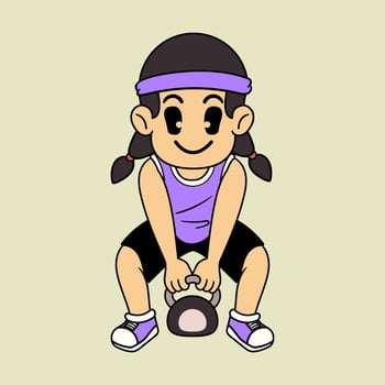 A Cute girl athlete lifting a kettlebell for fitness and muscle building in a retro cartoon character mascot illustration vector