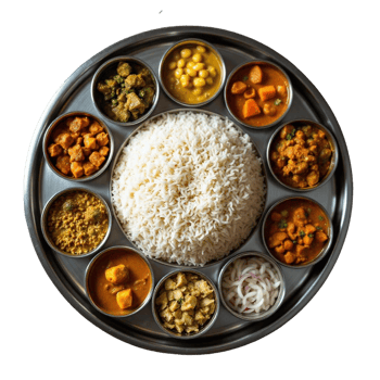 Traditional Indian Thali Meal with Rice and Assorted Curries on Silver Plate png