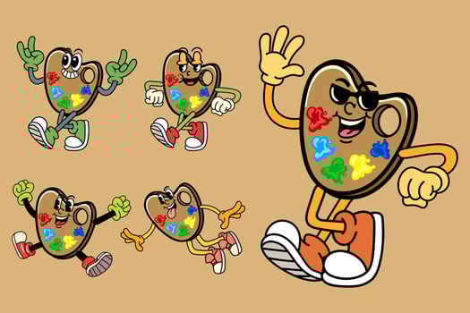 Set of Happy watercollor palette in Various Poses Character Cartoon Illustration Retro style vector