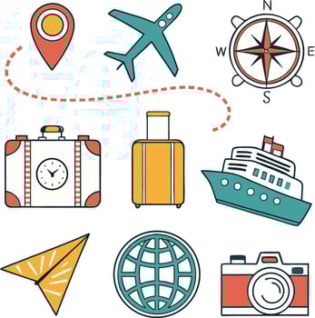 travel icons set with plane suitcase ship compass camera globe and location symbol vector