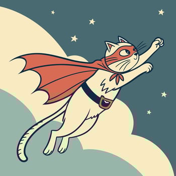 flying superhero cat with cape in night sky comic style retro cartoon art vector