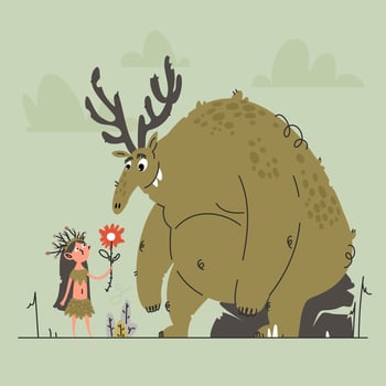 A Kind Offering. Little Girl Presents a Flower to a Gentle Giant with Antlers vector