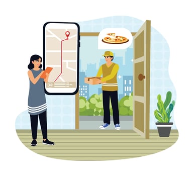 The courier delivers the pizza order to the customer's address. vector