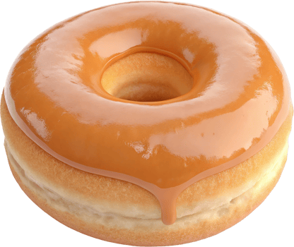 A top down view of a freshly baked golden brown classic glazed donut with a shiny amber colored glaze coating the soft fluffy dough png
