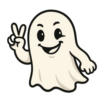 Playful Ghost Character with Peace Sign Gesture in Simple Design png
