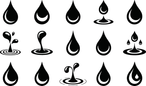 Collection of stylized black water drops with ripple effects depicting various splash animations on white background vector