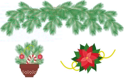 Poinsettia Flower bud and Pine twigs in flower pot and Festive Garland Holiday Decor Elements Set. Isolated illustration Christmas Thematic Greeting cards or promo banner, leaflets, label, tag vector