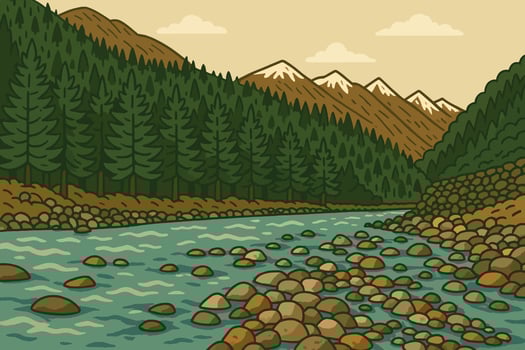Illustration of a Forest Stream with Rocky Shore and Snowy mountain vector
