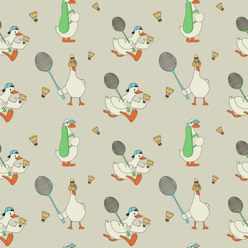 Seamless pattern with Cartoon Duck Playing Badminton with Racket and Shuttlecock vector