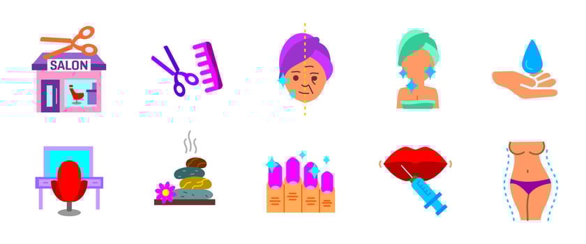 Beauty icon. Skincare procedures, salon tools and cosmetic treatments illustration. Wellness and body care concept symbol. Aesthetic self-care and hygiene sign. Personal care colorful pictogram vector