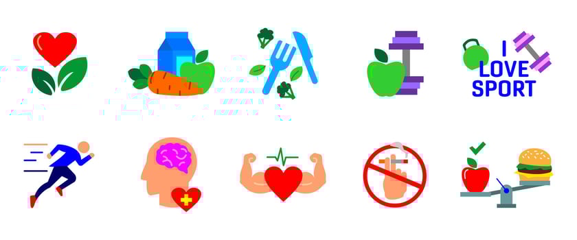 Healthy lifestyle icon set. Fitness and nutrition colorful symbols. Wellness and active lifestyle illustration. Energy, vitality and strength concept colored sign. vector