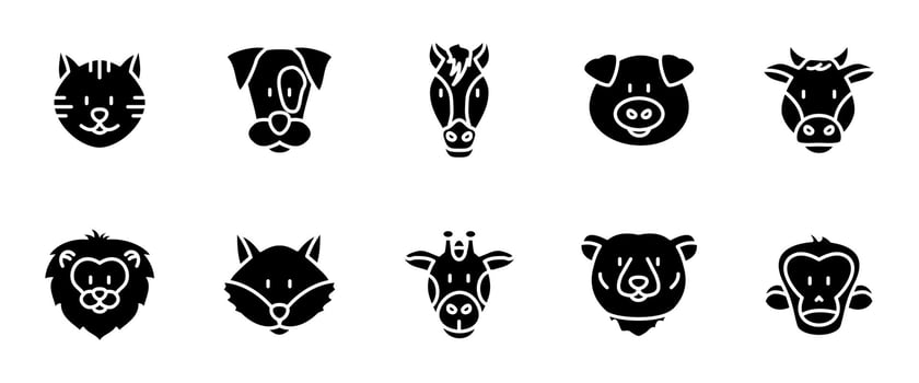 Cute cartoon animal faces icon set. Cat, dog, horse, pig and cow domestic pets symbols. Lion, fox, bear and monkey wildlife creatures illustration. Forest or zoo animal heads black collection vector