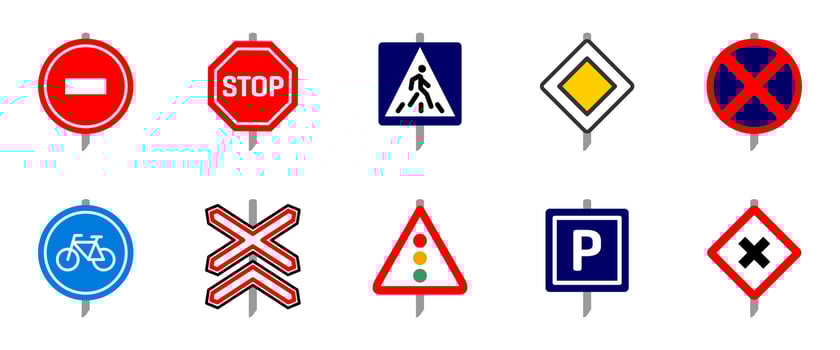 Traffic signs colored icon set. Stop, speed limit, crosswalk and railway crossing post signs. Road safety and regulation illustration. Direction, caution and control sign colorful collection vector