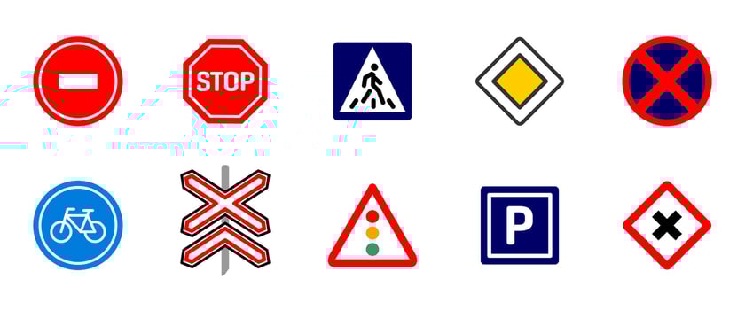 Road signs colored icon set. Pedestrian crosswalk, stop, railway crossing and main route illustration collection. Directive, caution and alert pictogram. Highway traffic control colorful symbol vector