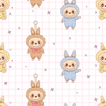 Seamless pattern Cute Monster Toy Labubu on checkered background png