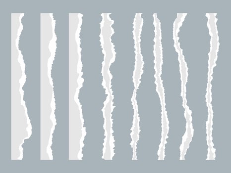White ripped paper strips collection. Realistic paper scraps with torn edges. Sticky notes, shreds of notebook pages illustration. vector