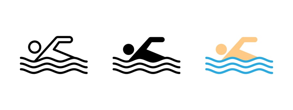 Swimming icon. Person performing front crawl in water with stylized waves illustration. Aquatic sport and recreation symbol. Fitness training and summer activity sign. Swimmer pictogram. vector