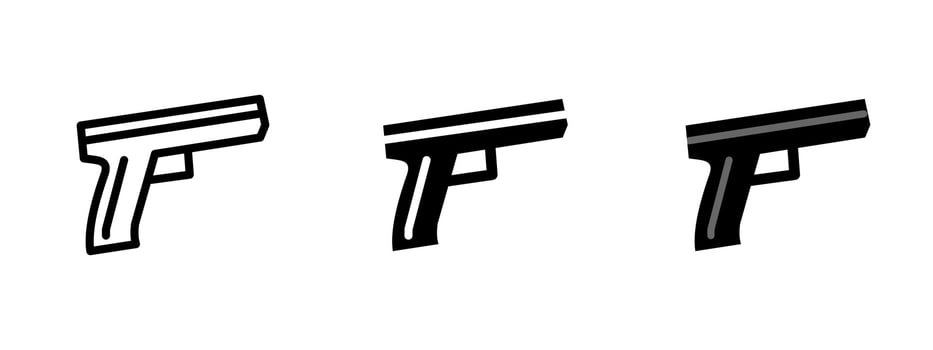 Gun icon. Minimalist pistol shape with grip and barrel illustration. Symbol of firearm safety, defense or military equipment. Weapon concept for law enforcement and combat pictogram. vector