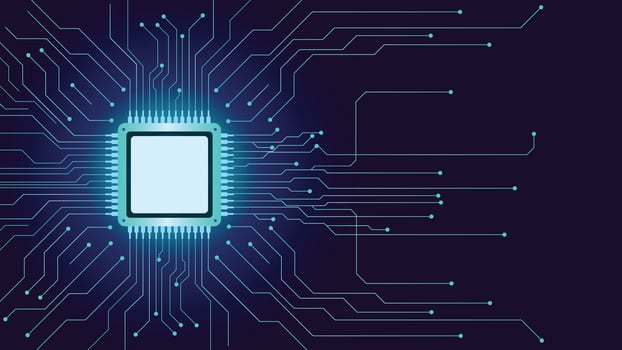 Modern digital background featuring a glowing microchip and blue circuitry lines on a dark tech layout perfect for electronics and innovation themes vector