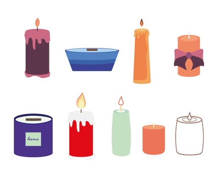 Set of candles isolated. Various and collection sets of scented candles vector