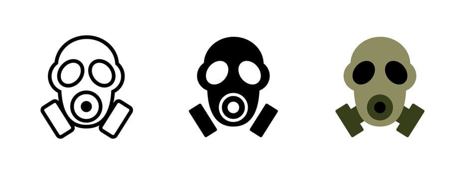 Gas mask icon. Protective face gear with dual filter cartridges and circular eye lenses illustration. Used in chemical safety, military defense, and hazardous environments. vector