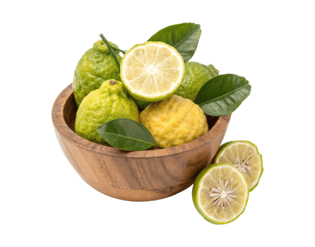 A whole and slices of bergamot with leaves in a wooden bowl isolated on a transparent background png
