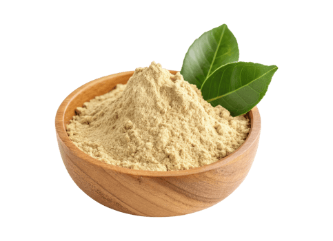 Bergamot powder with leaves in a wooden bowl isolated on a transparent background png