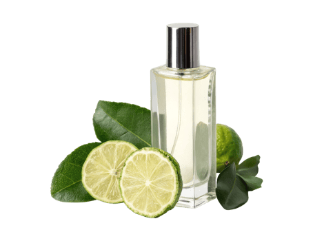 A perfume bottle next to bergamot fruit slices and leaves isolated on a transparent background png