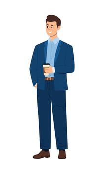 Smiling businessman in blue suit with a coffee cup vector