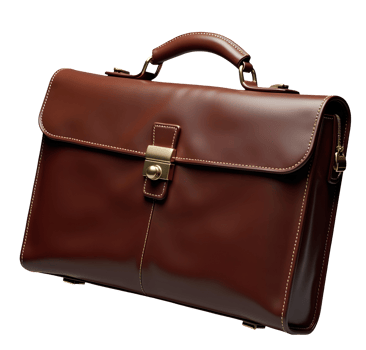 Brown leather briefcase with gold lock and handle, elegant and professional style png