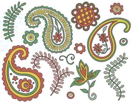 set with oriental paisley ornaments in bright red and yellow tones vector