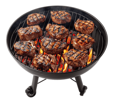 Grilled Steaks Cooking on Barbecue Grill Over Flames on a Transparent Image png