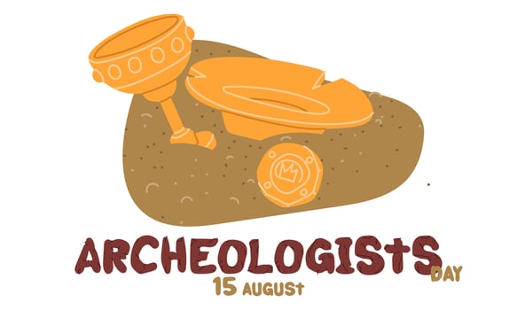 Archaeologist Day on August 15 with objects for excavation. Flat color illustration. gold cup, plate, coin. Metal, copper in the sand. for postcards, posters, articles, blogs, educational materials vector