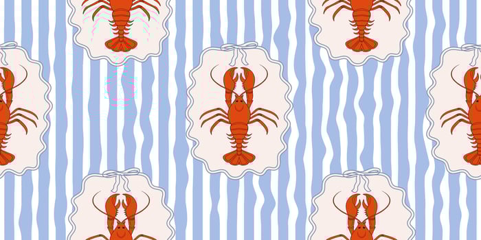 Seamless lobster pattern on blue and white wavy stripes. Summer repeating seafood pattern. Mediterranean coastal design background. vector