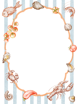 Seafood border with lobster shrimp crab oyster and fish. Kitchen frame design with lemon pepper and traditional Italian food. Hand drawn watercolor border for menu or invitation. png