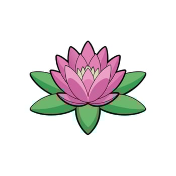 Pink lotus flower illustration with green leaves and outlines vector