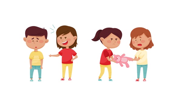 Warring Girl with Offensive Behavior Insulting Agemate Mocking and Taking Away His Toy Set vector