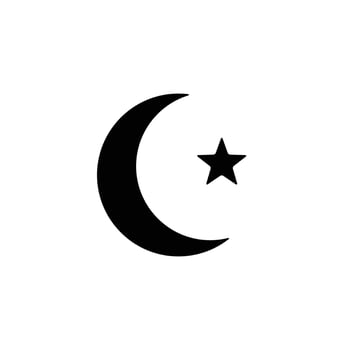 Simple black and white crescent moon and star symbol. Islamic religious icon vector