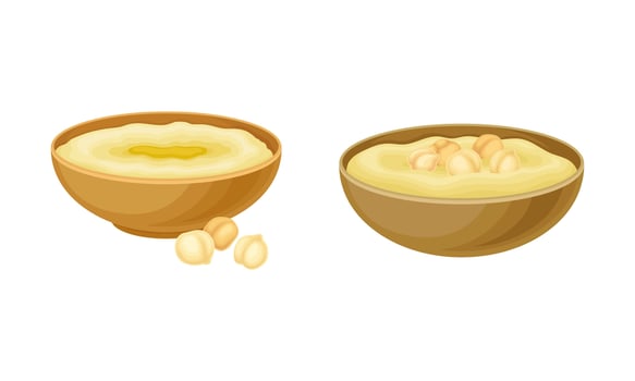 Hummus Savory Dish with Mashed Chickpeas Blended with Tahini in Wooden Bowl Set vector