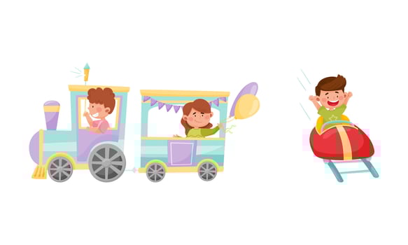 Cheerful Kids Riding Toy Train and Car Having Fairground Ride Set vector