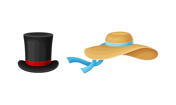 Elegant headgears set. Classic black top hat and female straw hat illustration vector