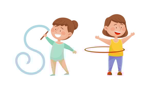 Kids doing gymnastics. Little girls exercising with ribbon and hula hoop. Children physical activity cartoon illustration vector