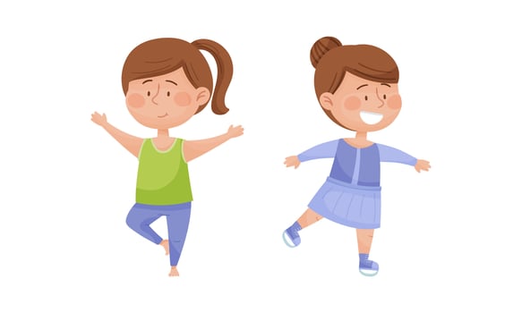 Kids doing sports set. Little girls skating and practicing yoga. Children physical activity cartoon illustration vector