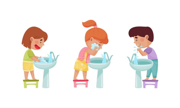 Cute happy kids daily routine set. Children washing their face and hands with soap cartoon illustration vector